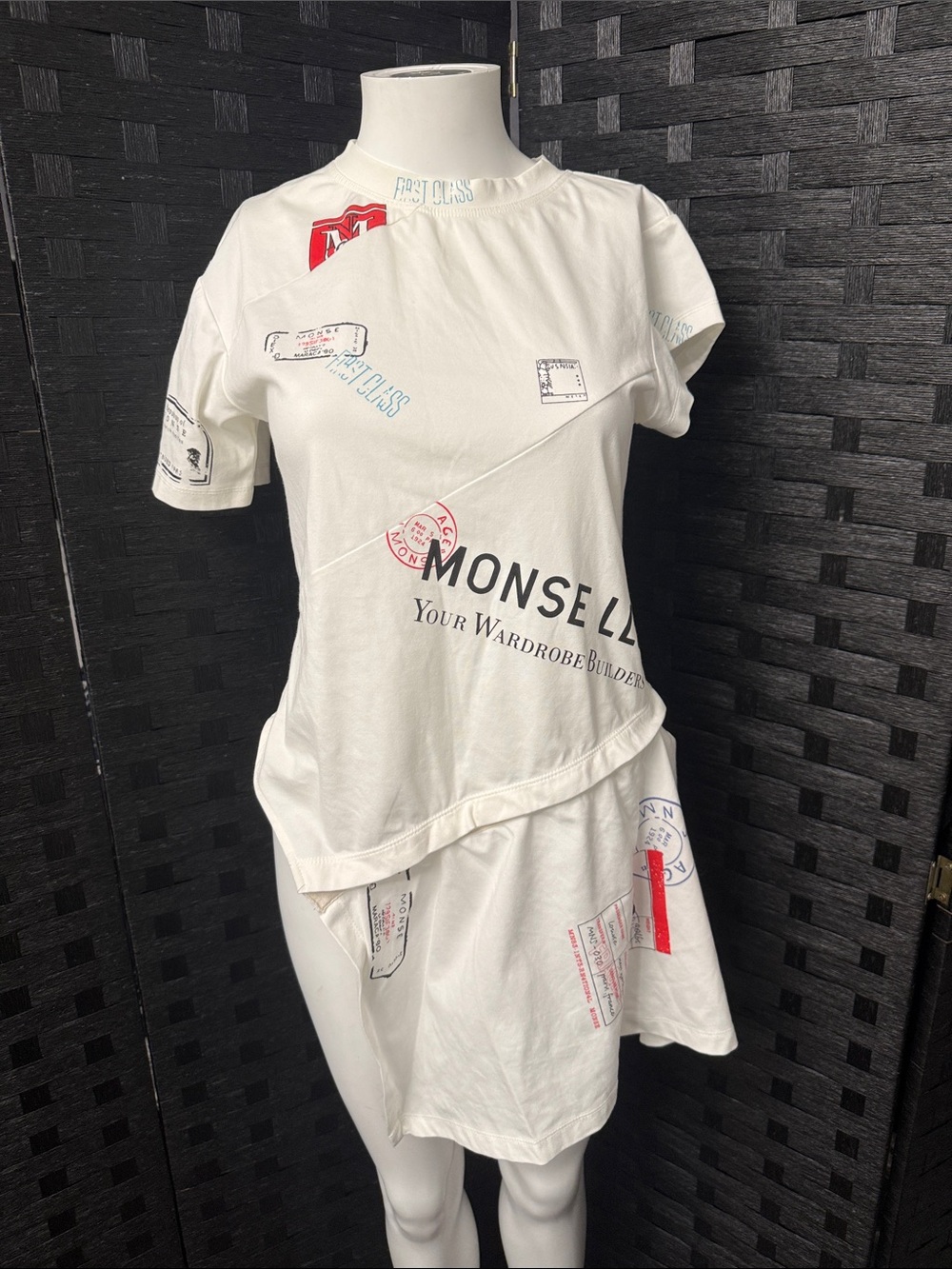 MONSE Asymmetric Graphic Stamp Print Convertible T-Shirt Tunic White